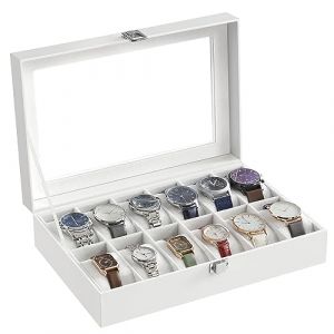 SONGMICS Boîte à Montres à 12 Emplacements, Coffret à Montres, Écrin, avec Couvercle en Verre, Coussinets Amovibles, Serrure en Métal, Revêtement en Blanc et Doublure en Blanc JWB202 (SONGMICS HOME FR, neuf)