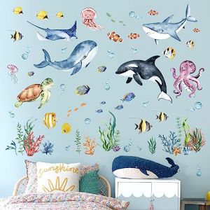 decalmile Stickers Muraux Sous la Mer Poisson Autocollant Mural Requin Tortue Baleine Algues Corail Décoration Murale Chambre Enfants Bébé Pépinière Salle de Bain (DecalMile Direct, neuf)