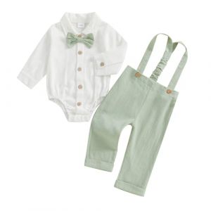 MAHUAOYIXI Tenue Gentleman 2 Pi&egrave;ces pour B&eacute;b&eacute; Gar&ccedil;on Body Chemise Manches longues avec n&oelig;ud papillon + Pantalon &agrave; Bretelles Ensemble Gentleman Mariage C&eacute;r&eacute;monie (Vert, 12-18 Mois) (zhansehn, neuf)