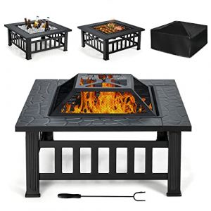 COSTWAY Brasero Extérieur pour Jardin, 81x81x50cm, Foyer Carré 3 en 1 avec Pare-étincelles, Grille Porte-bûches, Gril pour Barbecue, Tisonnier et Couvercle, pour Pique-Nique Camping (Noir) (FDS GmbH, neuf)