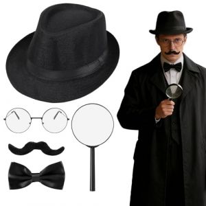 GYIOFAI Ensemble d'accessoires de costume de d&eacute;tective 5 pi&egrave;ces pour adultes avec chapeau, fausse moustache, n&oelig;ud papillon, monture noire, loupe, pour Halloween, cosplay, carnaval, jour du livre (noir (Ruquan Shop, neuf)