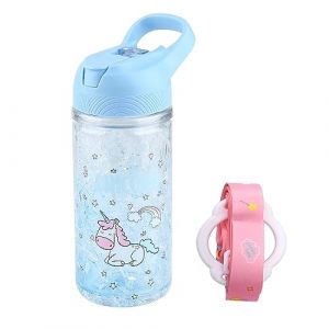 XinHuiGY Licorne L'eau Bouteilles pour Filles, tasse avec Paille et S&eacute;curit&eacute; Fermer &agrave; cl&eacute;, Rose Ext&eacute;rieur Int&eacute;rieur L'eau Bouteille, 400 ml / 13,5 oz pour l'&eacute;cole enfants fille Licorne amant (Bleu) (XHGY, neuf)