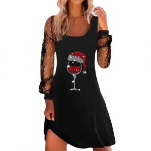 DaPongZhi Robe de Noel Femme élégante en Tulle à Paillettes Verre à Vin Rouge Imprimé Robe de Soirée Robe Noel Femme Grande Taille Courte Robe de Soirée Manches Longues Robe Portefeuille (DaPongZhi, neuf)