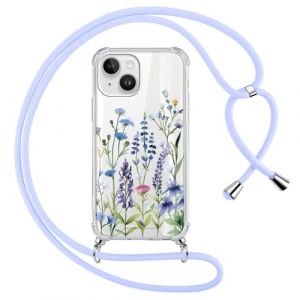 Yirlbey Coque pour iPhone 14 / iPhone 13 6,1 Pouces avec Cordon, Motif de Fleurs Sauvages Aesthetic Etui Laniere Collier Corde R&eacute;glable Transparente Case, Portable Housse Antichoc PC Fine Femme, 01 (XUPINBO, neuf)