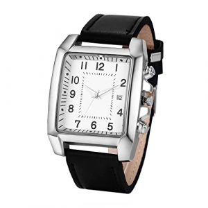JewelryWe Montre Homme en Cuir,Montre Homme Rectangulaire &agrave; Bracelet Analogique Quartz,1ATM Etanche,Montre Vintage Simple avec Calendrier et Gros Cadran,Cadeau pour Homme (JewelryWe Bijoux, neuf)
