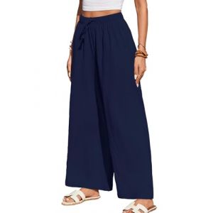 HAPYWER Pantalon Fluide Femme d'été Patalon en Lin Léger Pantalon Décontracté avec Poches Taille Haute Pantalon de Plage Palazzo(Bleu Marine,L) (HAPYWER EU, neuf)