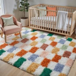 HUGEAR Tapis Salon Shaggy Damier Tapis Chambre Adulte Fille Doux Moelleux Descente de lit Antid&eacute;Rapant Moderne Grand Tapis Multicolore Blanc 120&times;180cm Decoration Chambrel (RONGBEN, neuf)