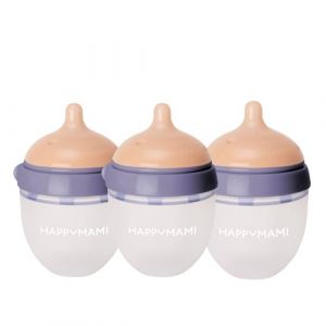HappyMami - Set de 3 Biberons en Forme de Sein, Biberons,T&eacute;tine en Silicone de Qualit&eacute; M&eacute;dicale, Double Syst&egrave;me Anti-Colique, sans BPA, Lavable au Lave-vaisselle, Chauffe-biberon (Violet Soie 150 ml) (Happymami, neuf)