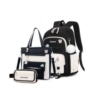 Tanou Cartable Fille Primaire, Ensemble de Sac d Ecole Fille College avec Sac &agrave; Bandouli&egrave;re et Trousse &agrave; Crayons, Sac &agrave; Dos D&eacute;contract&eacute; pour Adolescent Filles, Noir (Tanou Bagages, neuf)
