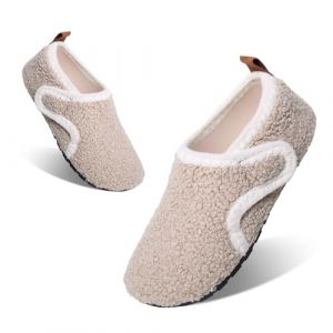 Tolaler Chaussons Enfant Fille Gar&ccedil;on Pantoufles Peluche Antid&eacute;rapants Souple Confortable Chaudes Fermeture Auto-Agrippante Maison Int&eacute;rieur Chaussons Hiver Beige 25/26 (YFEU-Direct, neuf)
