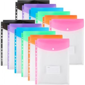 Lot de 12 pochettes perfor&eacute;es en plastique A4, 11 trous, extensibles pour classeurs &agrave; 2/3/4 anneaux avec bouton pression et &eacute;tiquette, feuilles mobiles transparentes pour bureau, &eacute;cole, maison (JoyMaxJoy Direct, neuf)