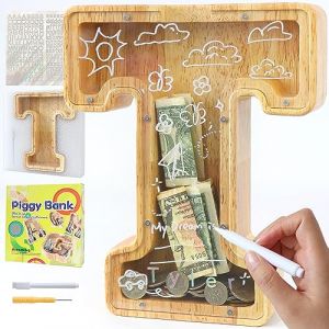 Lakpopya Tirelire en Bois Grande pour Enfant Adulte Tirelire Cochon Personnalisée de Lettres A-Z avec Zone Cible Tirelire Billet Transparente Créative pour Cadeau Décoration Baptême (T) (Never fail, neuf)
