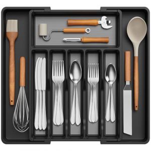 Lifewit Range Couverts pour Tiroirs avec TPR Antid&eacute;rapant, Rangement Vaisselle de R&eacute;glable, Porte de Ustensiles pour Placard Cuisine, Organisateur pour Argenterie, Cuill&egrave;re, Couteau, Noir et Gris (Lifewit Home FR, neuf)