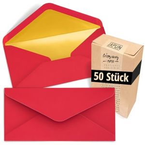 Japun - enveloppes (50 pièces), enveloppe, enveloppe sans fenêtre - DIN long - 220 x 110 mm - intérieur : or - couleur du papier : rouge (Nature Nerds GmbH, neuf)