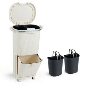 COSTWAY Poubelle Cuisine Double Compartiments en Plastique 38L, Poubelle Tri Selectif a Roulettes, Seaux Amovibles 2x12L, Panier a P&eacute;dale 14L avec Poign&eacute;e, pour Salon, Salle de Bain (Beige,38L) (FDS GmbH, neuf)