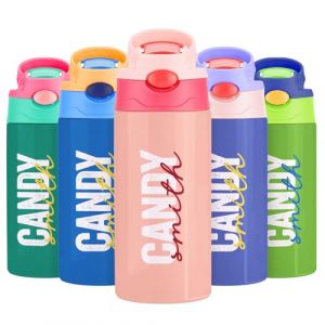 Gourde Isotherme Personnalisable pour Enfant, Bouteille d'eau Personnalis&eacute;e Prenom Sans BPA Tritan, Gourde Isotherme Enfant avec Paille pour L&rsquo;&eacute;cole, Sport, Primaire etMaternelle - Multicolore 350ml (Jingle Cat Magical Shop, neuf)