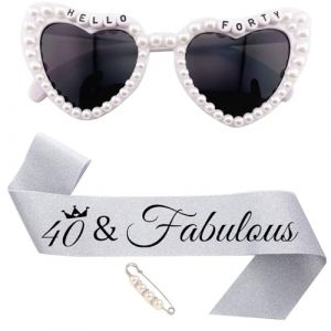 JOUWUI Lunettes de soleil pour 40e anniversaire en forme de c&oelig;ur, d&eacute;corations d'anniversaire pour elle, lunettes en forme de c&oelig;ur avec perles blanches et strass, &eacute;charpe argent&eacute;e paillet&eacute;e pour 40e (JOUWUI, neuf)