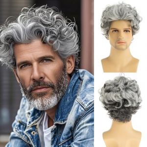 Dsimeig hommes Perruque Grau Blanc Courte boucl&eacute; ondul&eacute; Cosplay Perruques de cheveux (Dsimeig, neuf)
