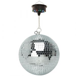 Boule à Facettes Argentée 50cm FXLab avec deux points de suspension + Moteur de boule à facettes LED à batterie FXLAB (SONO-ENERGIE, neuf)