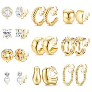 Morfetto 10 Paires de Boucles d'Oreilles &agrave; Clip pour Femmes Non Perc&eacute;es Hypoallerg&eacute;nique,Plaqu&eacute; Or 14K,Boucle d'Oreille Clips Creoles Confortables avec Perles et Cz pour Peaux Sensibles (Morfetto Jewelry, neuf)