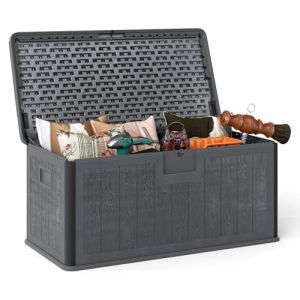 GOPLUS Coffre de Jardin Exterieur Etanche 378L,Coffre Exterieur Etanche HDPE Verrouillable Vérin à Gaz, Poignée, Banc 2 Personnes,Charge 200KG pour Balcon Piscine (Gris,130x64x59CM|378L) (Augenstern24, neuf)