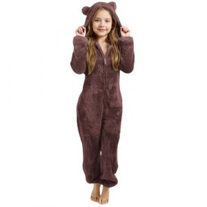 Combinaison Pyjama Enfant Fille Garçon 3-12 Ans Douce Pyjama Combinaison Surpyjama pour Enfants Grenouillère Hiver Chaude Doublée Polaire avec Capuche Oreilles de Chat Déguisement (Brown, 9-10 Years) (Beythetly, neuf)