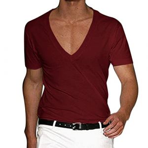 T-shirt &agrave; col en V profond pour homme - Col V - Invisible et respirant - Ourlet crois&eacute; - Muscle extensible - Gym - Entra&icirc;nement - Manches courtes - Coupe basse, Bordeaux, 3XL (Yaostore*, neuf)