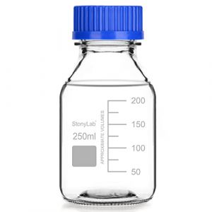 stonylab Bouteille de Stockage Gradu&eacute;s avec Bouchon &agrave; Vis GL45, 250 ml en Verre Transparent Rond pour R&eacute;actifs de Laboratoire avec Bouchon &agrave; vis Bleu, 1 Pack (J&D Tech FR, neuf)