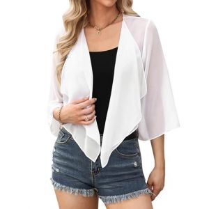 Aottori Cardigan Boléro Court Femme en Mousseline de Soie Gilet à Manches Évasées Boléro Veste Chic pour Robe Bretelle Mariage Blanc XXL (yyh-eu, neuf)