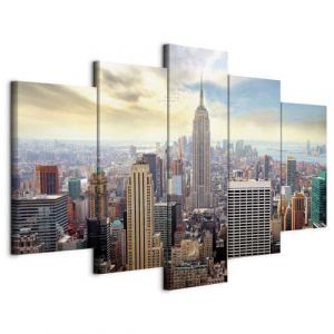 B&D XXL - Tableau décoratif moderne 100x50 cm - Impression sur toile colorée - Décoration murale pour salon et chambre - Architecture ville urbain new york soleil gratte-ciel 030211-63 (murando, neuf)