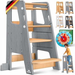 KIDIZ&reg; Tour d'apprentissage pour enfants &agrave; partir de 1 an avec horloge d'apprentissage | Marchepied r&eacute;glable en hauteur sur 3 niveaux en bois de pin | Favorise la motricit&eacute; ludique et la tour (WMK Trading GmbH, neuf)