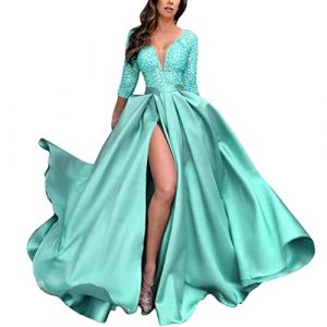 Onsoyours Robe Maxi à Manches 3/4 en Dentelle Plissée Dos Nu Élégante Cocktail Soirée Robe B Bleu Clair M (Lonwell Fashion, neuf)