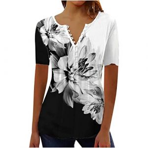 Chemisier Femme Chic et Élégant Manches Courtes Tshirt Chemisiers Et Blouses Grande Taille Imprimé Plissé Henley Tunique Tops Col V Blouse de Soie Boheme Haut Tunique Été Tee Shirt Femmes Solde (⭐⭐⭐⭐⭐AEGJEGVD(5-15 jours Arrivé), neuf)