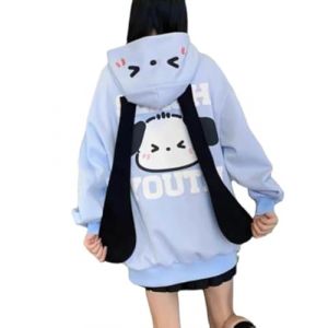 grhaat Sweat &agrave; capuche Kawaii avec fermeture &eacute;clair Harajuku Chiot Longues oreilles D&eacute;contract&eacute; Ample Sweat &agrave; capuche Cutecore Y2k Graphic Pulls, bleu, Medium (chenxingkangshop, neuf)