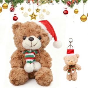 OPVXZAD Ours en Peluche de Noël avec Porte-clés Animaux Assortis 22 cm Ours en Peluche Marron avec Bonnet Rouge et Écharpe Charmant Cadeau de Noël Décoration Festive pour Garçon Filles (Marron) (Bachmann1111, neuf)