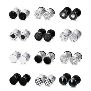 JeweBella 12 Paires Boucle d'Oreille Homme Acier Inoxydable Piercing Oreille Boucles d'Oreilles Noir Argent Punk Faux Ecarteur Oreilles Halt&egrave;res Ronds Faux Plugs Boucles d'Oreilles pour Homme 8MM (MOY-UK, neuf)