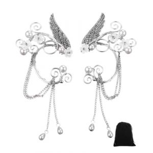 FDCGAS Oreille Elfe Femme,1 Paire Elfe Boucles d'oreilles Argent Feuille Ailes d'anges Manchette Oreilles Elfes Boucles d'oreilles Clip Avec Perle Fleur pour Halloween Cosplay Mariage Costume Elfe (tongshanfenhedianzishangwuyouxiangongsi, neuf)