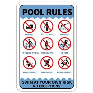 GLOBLELAND Plaque en Aluminium avec Inscription Pool Rules Swim at Your Own Risk No Exceptions d'avertissement 20x30 cm 0.9 mm, UV Protected and Waterproof (GLOBLELAND FR, neuf)