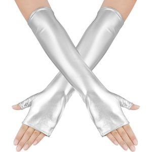 Argent&eacute; Gants en Cuir Verni, Long Gants en Cuir Sans Doigts, Gantss Extraterrestres Sans Doigts, Gant Simili Cuirs Long pour Femme, Gant de D&eacute;guisement pour Carnaval, Cosplay, Halloween, Bals Masqu&eacute;s (Clorisun Image CO Limited, neuf)