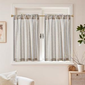 TOPICK Rideau Cuisine Court Brise Bise Lin à Rayures 65L X 60H cm, Draperies Rayé Bleu Semi-Transparent à Passe-Tringle, Brise-Bise Court Décoration Intérieur pour Chambre Maison Salon 2 Panneaux (Audrey Home Fashion, neuf)