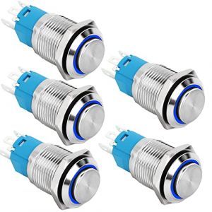 RUNCCI-YUN 5pcs 12V-24V 16mm Rond interupteur Push &eacute;tancheBouton Poussoir Momentan&eacute; LED Bouton Poussoir Metal Mini interupteur Push pour Voiture Camion Sonnette (Haute T&ecirc;te) (LED Bleue) (RUNCCI-YUN, neuf)