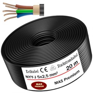 Câble de terre Produit de qualité allemande Câble électrique avec anneau pour pose en extérieur et en terre Câble d'alimentation standard Fabriqué en Allemagne (NYY-J 5 x 2,5 mm², 20 m) (MAS-Premium, neuf)