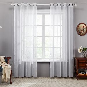 Deconovo Lot de 2 Rideaux Voilages, Décoration Rideau Cuisine Restaurant à Oeillets, Maison Chambre Enfant Fille Salon, Argenté Motif Point, 140×175 CM, Blanc (Deconovo-Home, neuf)