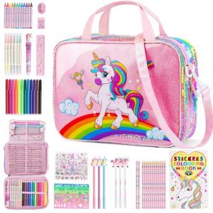 D-FantiX Kit Coloriage Enfants Parfum&eacute;s aux avec Sac &agrave; main Licorne, Set d'art pour Enfants 63 pi&egrave;ces Kit Dessin, Crayons, Stylos de Couleur, Autocollants, Licorne Jouet Cadeau fille 4 5 6 7 8-12 ans (QianqingTech, neuf)