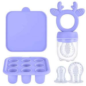 Aolso Tétine Grignoteuse Bébé,Tétine Pour Bébé,Tétine à Fruit Tétine D'alimentation pour Bébé, Grignoteuses+ Boîte de conservation des aliments pour bébés pour Enfants de 3 à 24 Mois(Bleu Violet) (YIJIABAI, neuf)