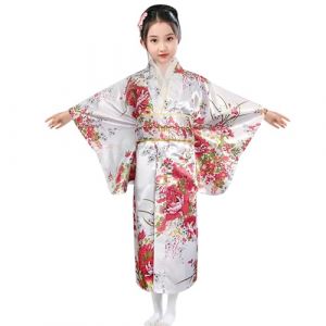 G&eacute;n&eacute;rique Kimono Japonais pour Filles Enfant Fille Peignoir Satin Pyjama Kimono Robe de Chambre &agrave; Manche Longue Fille Peignoir Mariage F&ecirc;te Performance Robe (01C-White, 6-7 Years) (Beythetly, neuf)