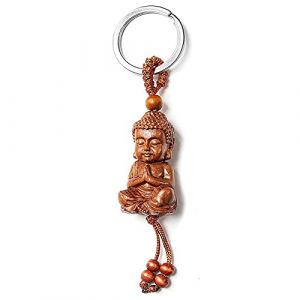 Joycabin Porte-clés Bouddha en Bois Acajou Avec Gravure 3D Bouddha Pendentif Porte-clés pour DIY Accessoire de Voiture Porte-Bonheur Cadeau (XINYI-EU, neuf)