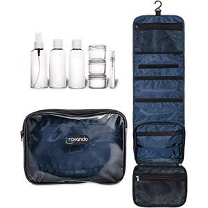 TRAVANDO Trousse de Toilette "FLEXI" &agrave; suspendre + Sac Transparent + 7 Pots, Contenants, Bouteilles pour l&rsquo;Avion | Set, Kit de Voyage | Sac de Toilette, N&eacute;cessaire Cosm&eacute;tiques pour Hommes et Femmes (InterGoods DE, neuf)