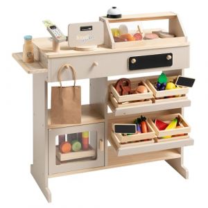 howa 47559 Magasin de marchand en bois avec 40 accessoires de magasin, caisse de jeu avec lecteur de cartes &agrave; jouet, tableau pour craie, vitrine, beige (howa-shop, neuf)