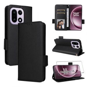 Rojeuinn Coque pour Oneplus 15 5G Protection Case+1 pièce Verre Trempé,Étui de Protection Portefeuille Antichoc Premium Fibre-Housse Étui Compartiments pour Cartes et Fermeture magnétique-Noir (Yinuodianzi-eu, neuf)